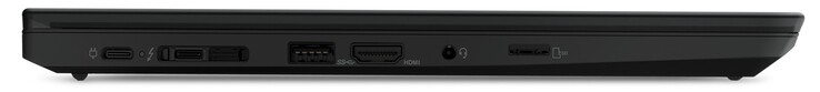 Lado izquierdo: 2x Thunderbolt 4 (fuente de alimentación, incluye DisplayPort 1.4, PD 3.0), puerto de acoplamiento, 1x USB-A 3.2 Gen 2, HDMI 2.0, conector de audio combinado, lector de tarjetas microSD