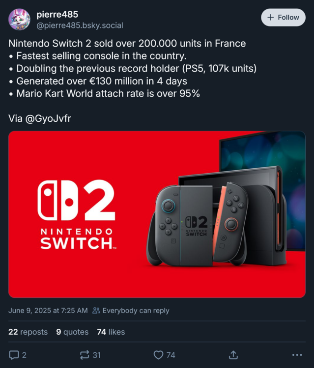 Ventas de la consola Switch 2 en Francia (Fuente de la imagen: captura de pantalla, cuenta Bluesky de pierre485)