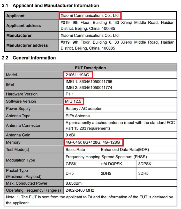 Especificaciones del Redmi 10. (Fuente de la imagen: FCC)