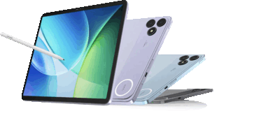 Tablet Blackview Zeno 6 con un lápiz óptico, mostrada junto a paneles traseros de color morado, azul y gris.