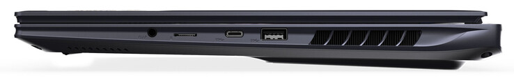 Lado derecho: combo de audio, lector de tarjetas de memoria (MicroSD), USB 3.2 Gen 2 (USB-C; DisplayPort), USB 3.2 Gen 2 (USB-A)