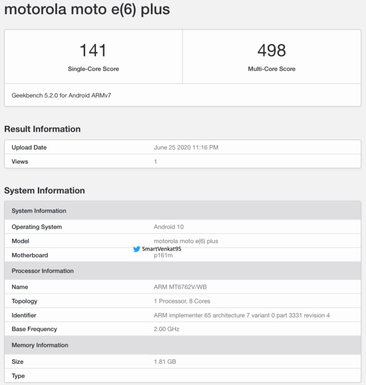 Una posible Moto E6 Plus en el Androide 10. (Fuente: Geekbench 5 vía Twitter)