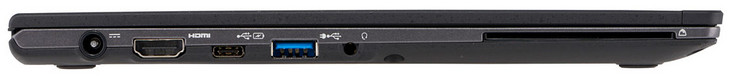 Izquierda: entrada de alimentación, HDMI, 2x USB 3.1 Gen1 (1x USB Tipo C, 1x USB Tipo A), conector combinado de audio, lector de tarjetas inteligentes