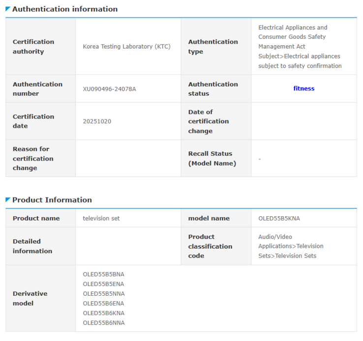 Una captura de pantalla del listado reciente en la base de datos de Safety Korea con los números de modelo de los televisores LG B5 y B6. (Fuente de la imagen: LG)