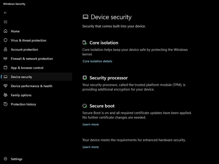 La página «Seguridad del dispositivo» de la aplicación «Seguridad de Windows» muestra el indicador de estado oficial de color verde.