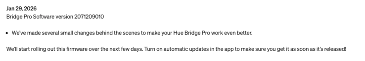 Las notas de la versión del software Philips Hue Bridge Pro, versión 2071209010 (idéntica a la actualización de Hue Bridge v2). (Fuente de la imagen: Captura de pantalla de la página de soporte de Philips Hue)