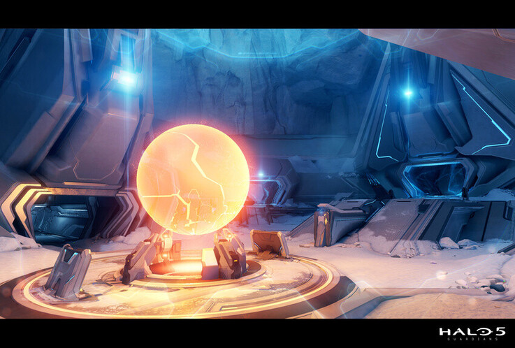 Una esfera de energía Forerunner resplandeciente ancla este entorno de Halo 5: Guardians, enmarcado por un terreno helado, una arquitectura alienígena de bordes duros y una fría iluminación azul.