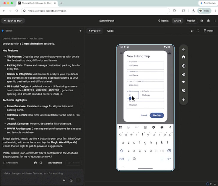 Las aplicaciones Gemini AI Studio codificadas en Vibe pueden ejecutarse en el emulador de teléfonos Android en línea o instalarse en teléfonos locales para su prueba.