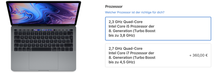 Apple ofrece dos CPUs para el nuevo MacBook Pro 2018 (fuente: Apple).