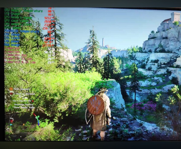 Captura de pantalla de juego de Crimson Desert en Intel Arc Pro B70 mostrando superposición de rendimiento con estadísticas de GPU y CPU