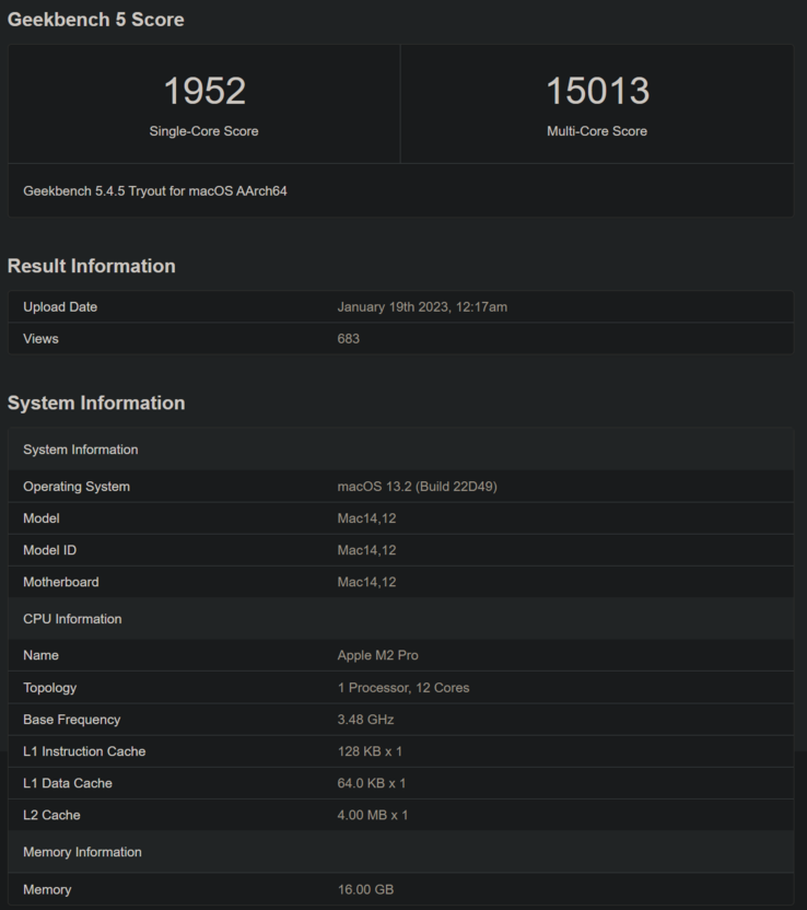 Apple M2 Pro en Geekbench (imagen de Geekbench)