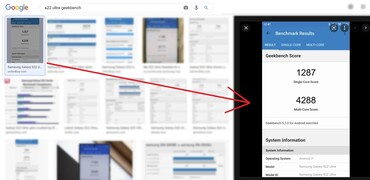 resultado de la búsqueda "S22 Ultra Geekbench". (Fuente de la imagen: vía Google - editado)
