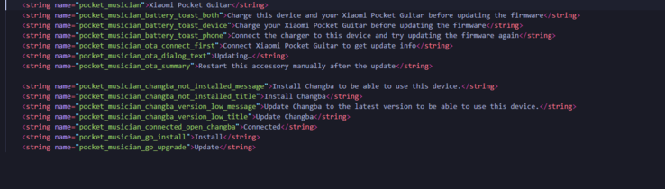 Cadenas de texto que indican que la Xiaomi Pocket Guitar requiere emparejarse con la aplicación Changba para funcionar