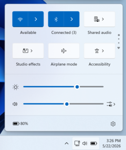 El nuevo mosaico «Audio compartido» del panel de Ajustes rápidos de Windows 11.
