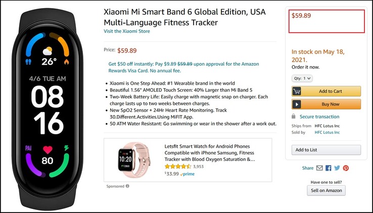 Xiaomi Mi Smart Band 6 Global Edition. (Fuente de la imagen: Amazon)
