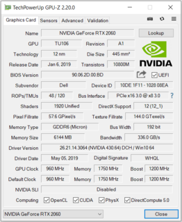 GeForce RTX 2060 GPU-Z extraída del Dell G5 15 5590
