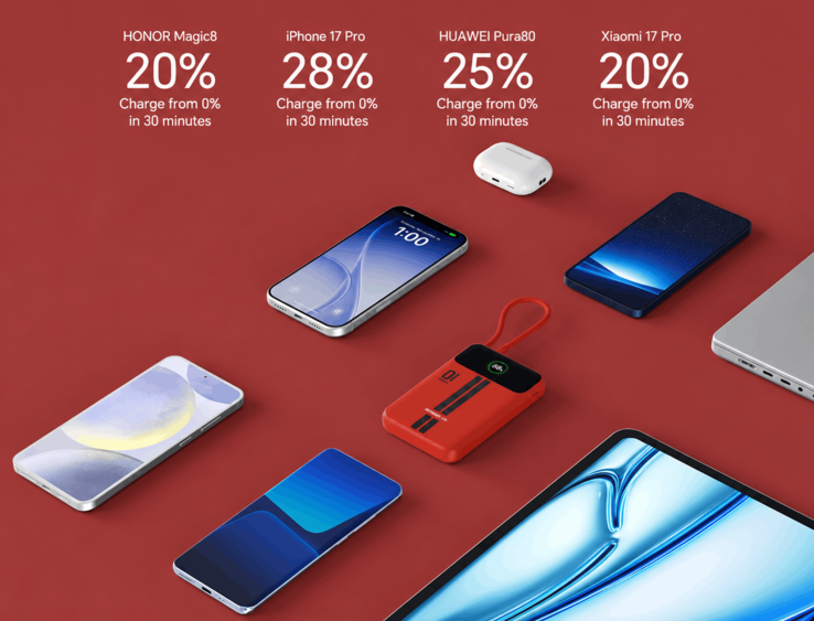Batería externa Honor Life junto a smartphones, auriculares inalámbricos y un portátil