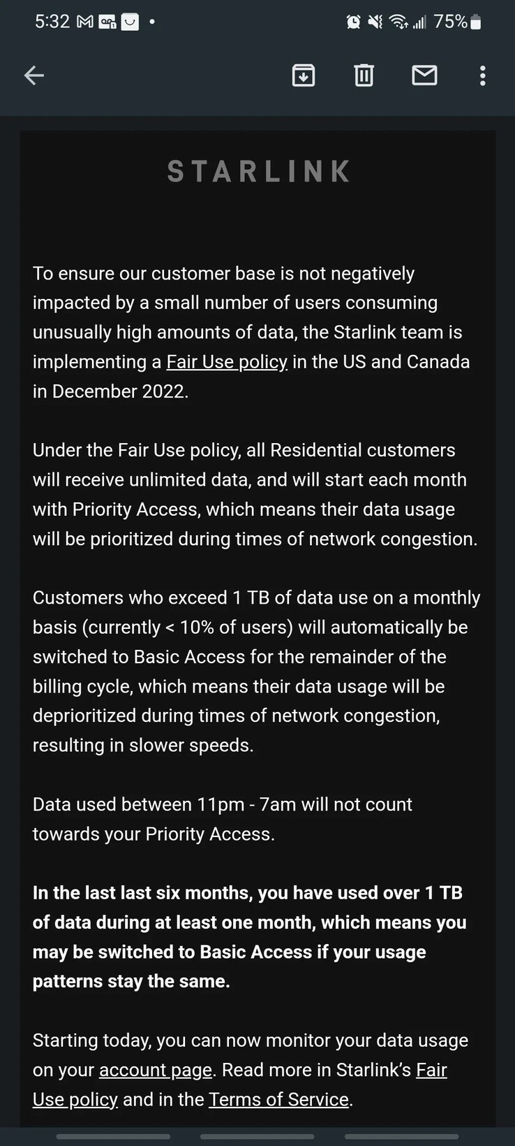 El mensaje de límite de datos que SpaceX ha estado enviando a los usuarios de Starlink desde el viernes