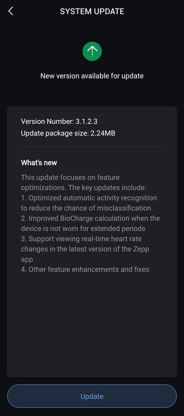 Las notas de la versión 3.1.2.3 del software para la correa Amazfit Helio. (Fuente de la imagen: u/FluffyMousse6975 vía Reddit)