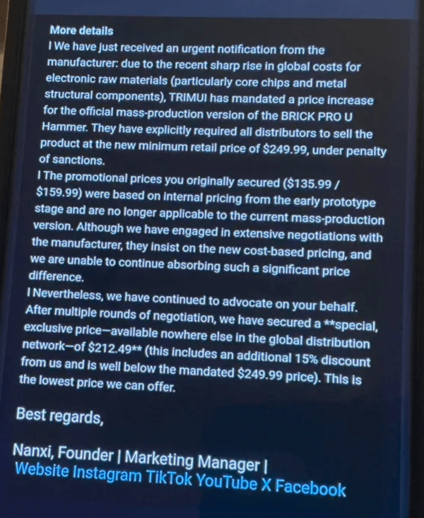 Una captura de pantalla de un correo electrónico en el que se informa a los compradores del aumento de precio.