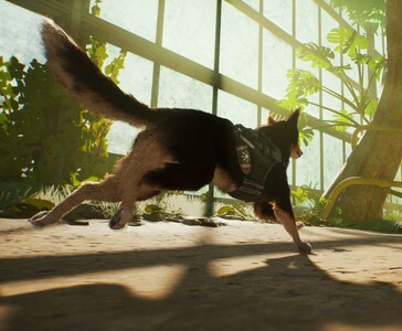 El agente T.H.U.N.D.E.R. corre por una zona parecida a un invernadero en Barkour, mostrando el movimiento parkour en un entorno exuberante. (Fuente de la imagen: Varsav Game Studios vía Steam)