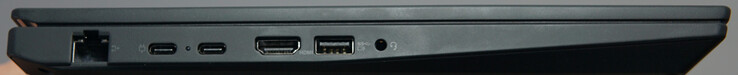 Conexiones a la izquierda: 1 LAN Gigabit, USB4 (40 Gbit/s, DP), USB-C (10 Gbit/s), HDMI, USB-A (5 Gbit/s), auriculares
