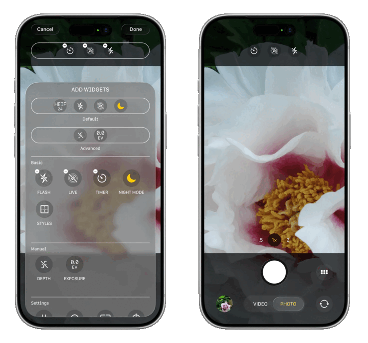 La aplicación Cámara de iOS 27 se rediseñará para ser totalmente personalizable con una serie de opciones de control (izquierda), mientras que se espera que la interfaz principal para hacer fotos sitúe los controles en la parte superior central.