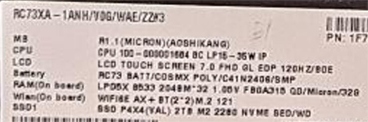 Especificaciones del ROG Ally 2 RC73XA. (Fuente de la imagen: vía @94G8LA)