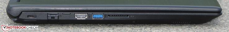 Lado izquierdo: Ranura de seguridad Kensington, puerto Gigabit Ethernet, salida HDMI, puerto USB 3.1 Gen 1 (Tipo A), lector de tarjetas SD