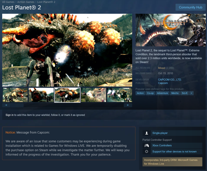 Página de Steam de Lost Planet 2 con la actualización de Capcom sobre el multijugador (Fuente de la imagen: Steam)