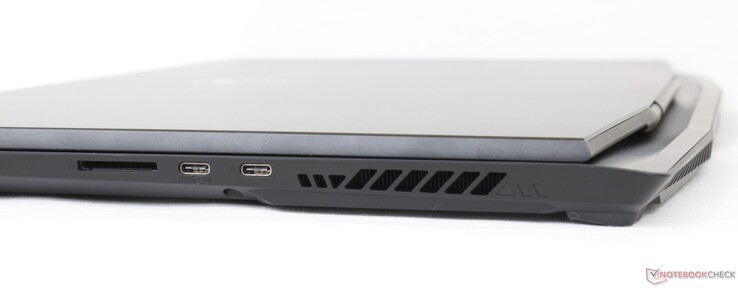 Derecha: Lector de tarjetas SD, 1x USB-C 3.2 con DisplayPort, 1x USB-C 3.2 con Thunderbolt 4 + Power Delivery + DisplayPort