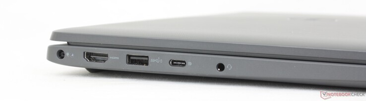 Izquierda: adaptador de CA propietario, HDMI 1.4, USB-A 3.2 Gen. 1, USB-C 3.2 Gen. 2 con DisplayPort 1.4 + Power Delivery, auriculares de 3,5 mm