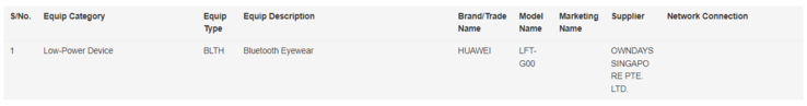 Un listado en la IMDA de Singapur que podría corresponder a las gafas inteligentes Huawei Eyewear 2. (Fuente de la imagen: IMDA)
