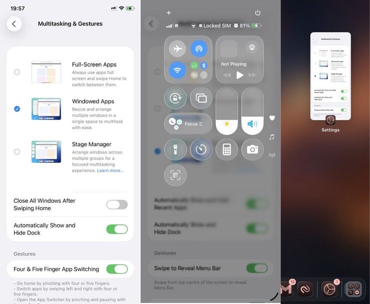 Capturas de pantalla que muestran una interfaz de iPhone con opciones multitarea al estilo iPad, superposiciones del Centro de Control y previsualizaciones de aplicaciones en ventanas. (Fuente de la imagen: idevicecentral)