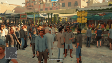 HIVE ayuda a localizar el origen de los sonidos, como esta conversación en medio de una multitud en el centro de la ciudad en Hitman. (Imagen: propia)