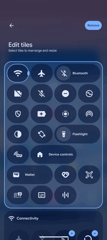 Ajuste de alineación en la pantalla Editar mosaicos de Ajustes rápidos (Fuente de la imagen: 9to5Google)