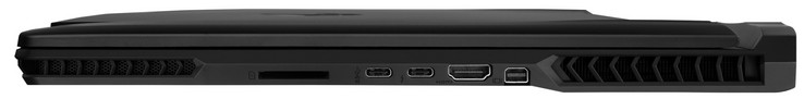 A la derecha: Lector de tarjetas, USB 3.1 Type-C Gen 2, Thunderbolt 3, HDMI 2.0, Mini DisplayPort 1.4