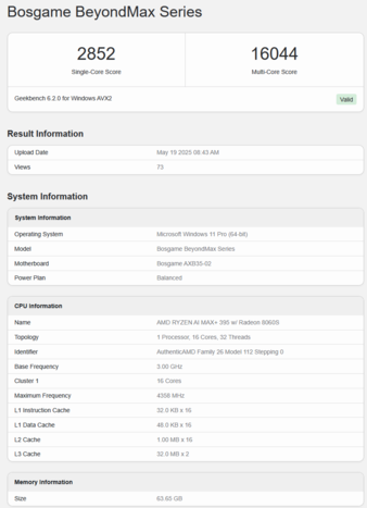 Bosgame M5 AI Mini Desktop en Geekbench (fuente de la imagen: Geekbench)