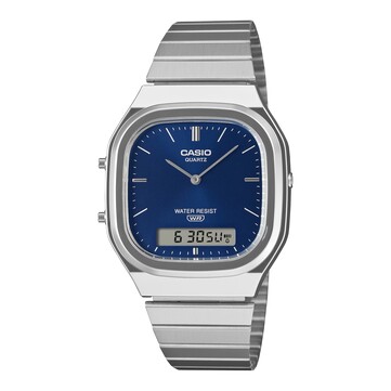 Reloj retro analógico-digital Casio AQ-240E-2A2 con esfera azul con efecto rayos de sol, caja en tono plateado y brazalete de acero inoxidable.