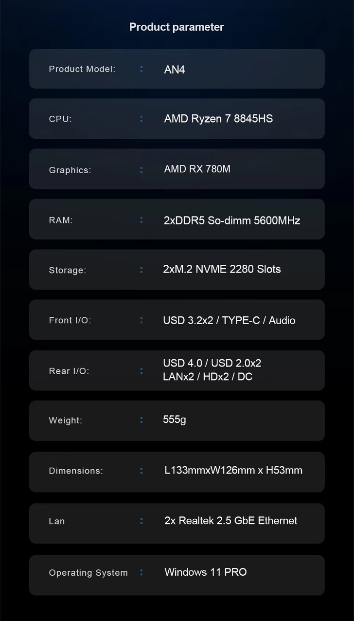 Especificaciones completas del mini PC (Fuente de la imagen: Chatreey)