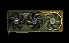 La ROG Astral GeForce RTX 5080 viene en verde y dorado como el atuendo del Doom Slayer. (Fuente de la imagen: Asus/Bethesda
