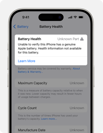 La advertencia de pieza no genuina es un excelente ejemplo de cómo retener a los consumidores por algo que debería ser fácil de sustituir (Fuente: Apple Support.)
