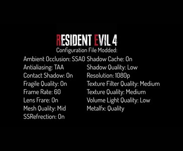 Ajustes gráficos de Resident Evil 4 utilizados para la prueba de videojuegos en el iPhone 18 Pro Max y el iPhone 17 Pro Max.