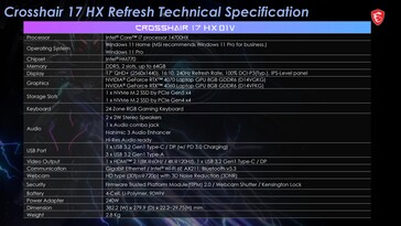 MSI Crosshair 17 HX - Especificaciones. (Fuente de la imagen: MSI)