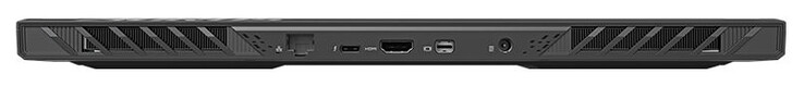 Detrás: Gigabit Ethernet (2,5 GBit/s), Thunderbolt 4 (USB-C; Power Delivery), HDMI 2.1, Mini Displayport 1.4, conexión de alimentación