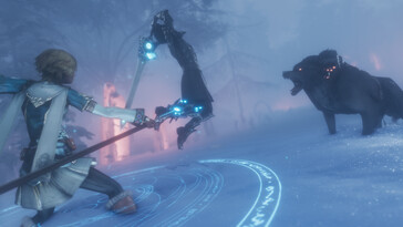 Una imagen que muestra una batalla contra un oso en Edge of Eternity.