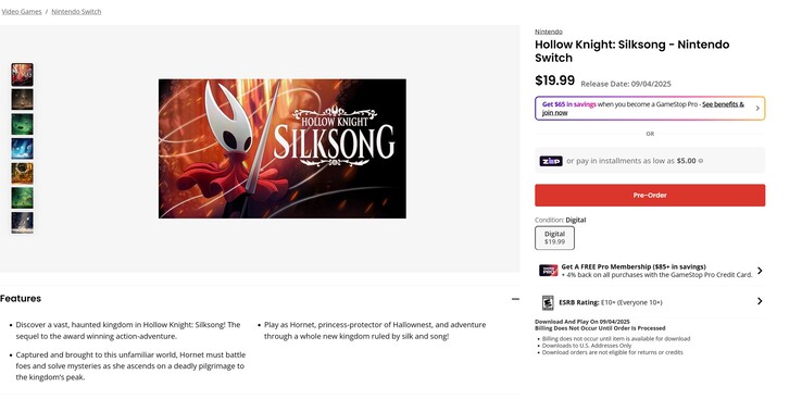 Hollow Knight: Silksong GameStop Switch pre-order listing (Fuente de la imagen: captura de pantalla, GameStop)