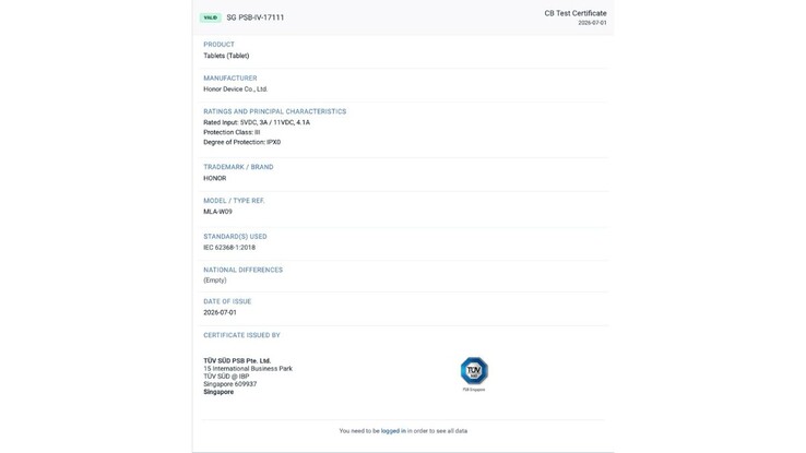 Ficha de TÜV SÜD correspondiente al Honor Pad 20 Pro.