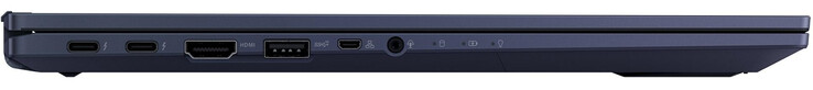 Lado izquierdo: 2x Thunderbolt 4 (USB-C; Power Delivery, DisplayPort), HDMI, USB 3.2 Gen 2 (Tipo-A), Gigabit Ethernet a través de Micro HDMI, audio combinado