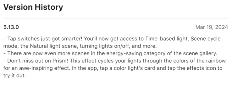 El registro de cambios de la versión 5.13.0 de la aplicación Philips Hue. (Fuente de la imagen: Apple App Store)